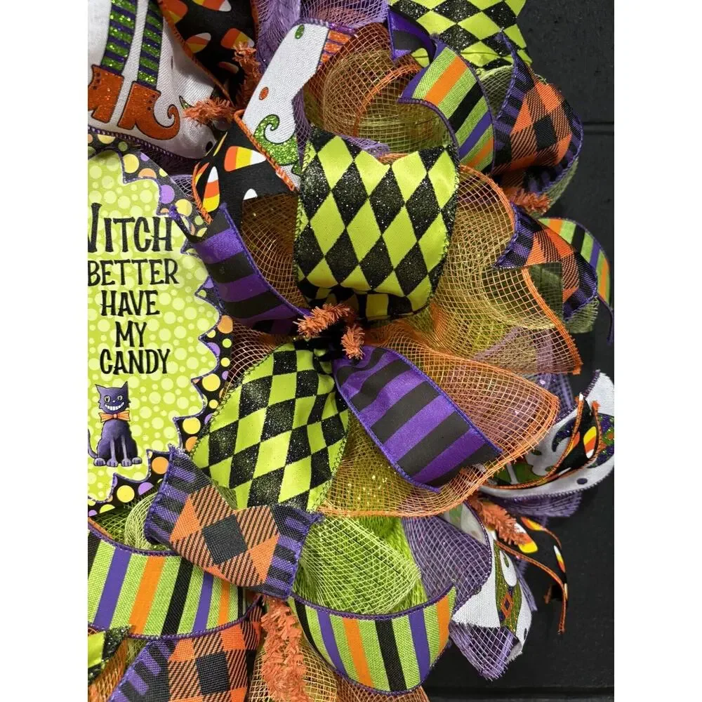 Halloween Witch Wreath Orange Purple Green Deco Mesh Handmade 24 Inch